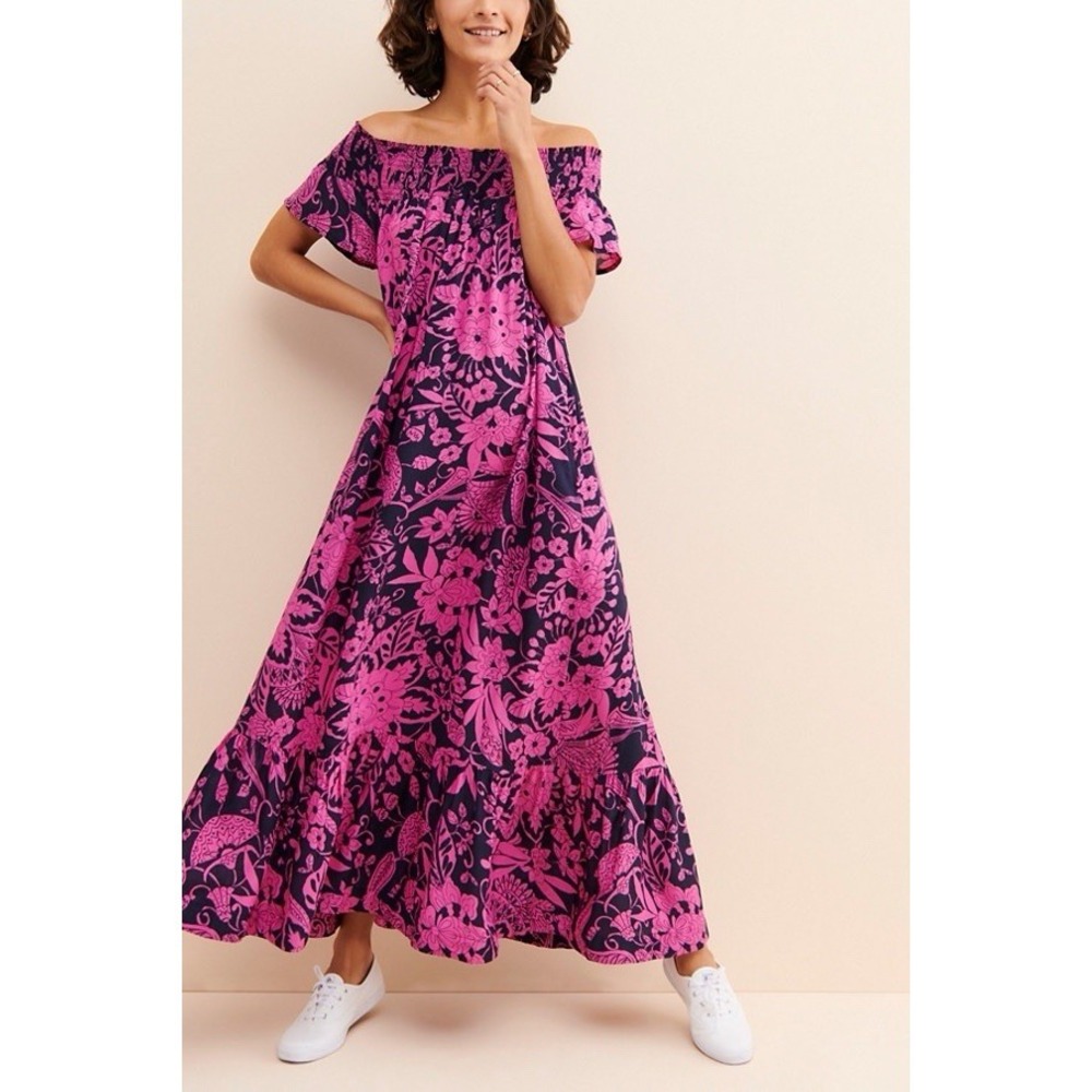 Anthropologie Arielle Smocked Maxi Dress M Pink Floral Resort Boho‎ Romantic